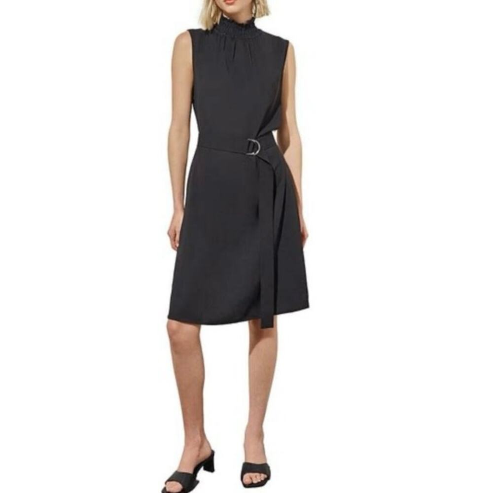 NWOT Ming Wang Crepe De Chine Woven Ruffle Mock Neck Sleeveless Belted Dress